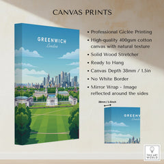 Greenwich London cityscape canvas print with professional giclée printing and cotton texture.