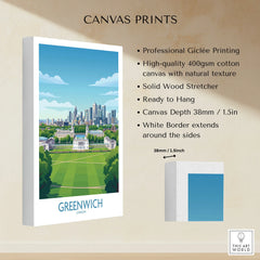Greenwich London city skyline canvas print with white border, cotton canvas detail shown