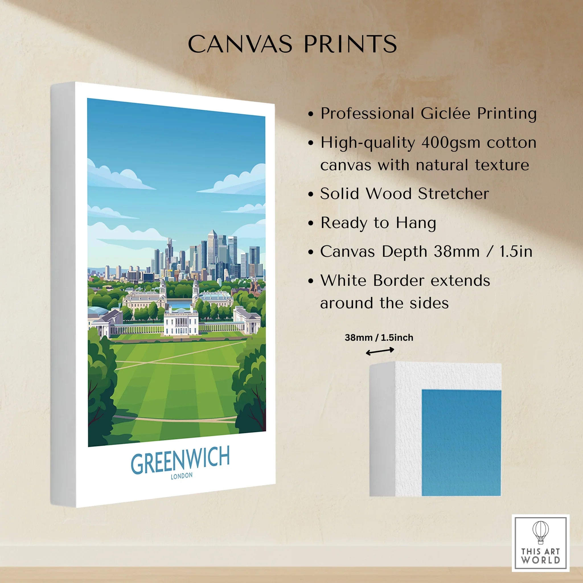 Greenwich London city skyline canvas print with white border, cotton canvas detail shown
