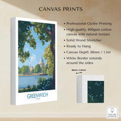 Greenwich London canvas print with white border, 38mm depth, and scenic city artwork