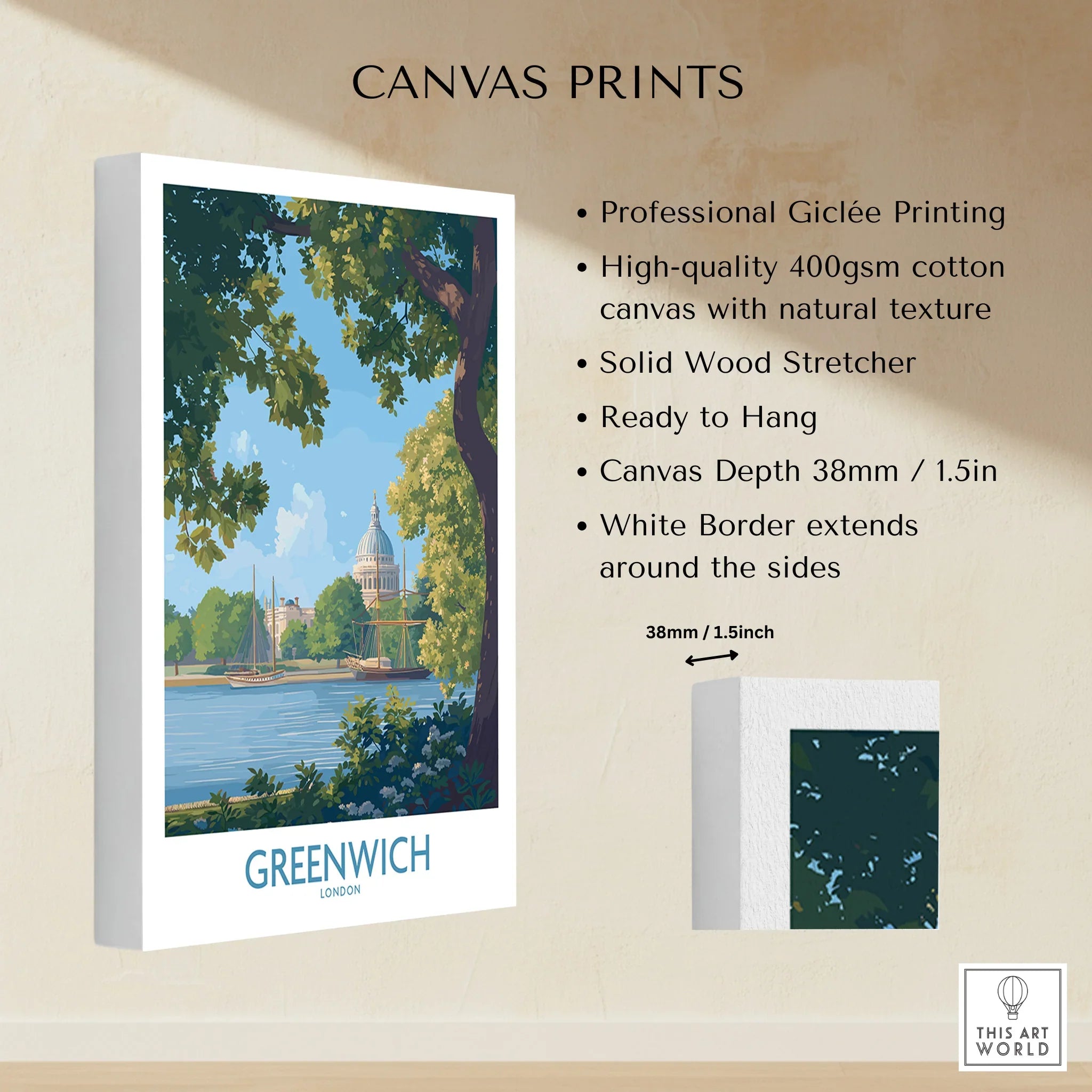 Greenwich London canvas print with white border, 38mm depth, and scenic city artwork