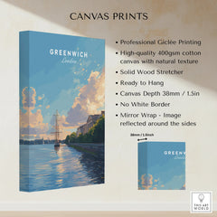 Greenwich London stretched cotton canvas print with river sunset, high-quality wall art