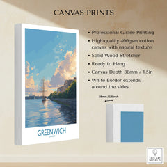 Greenwich London canvas wall art print with cotton texture, wood stretcher, and white border.