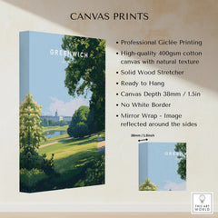 Greenwich London art canvas print with park landscape, stretched cotton, 1.5 inch depth