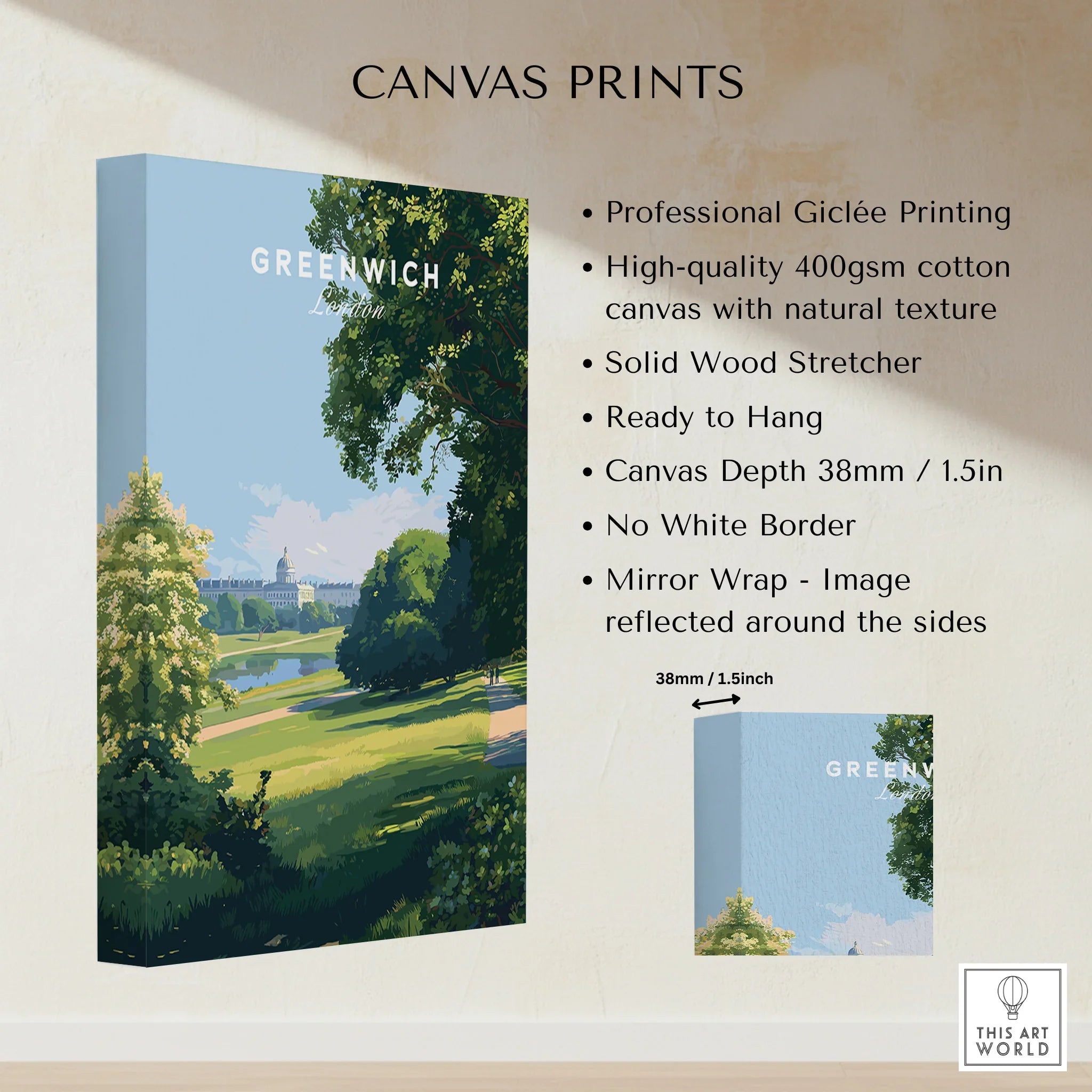 Greenwich London art canvas print with park landscape, stretched cotton, 1.5 inch depth