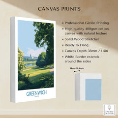 Greenwich London canvas print featuring park landscape with blue sky, white border, wall art details.