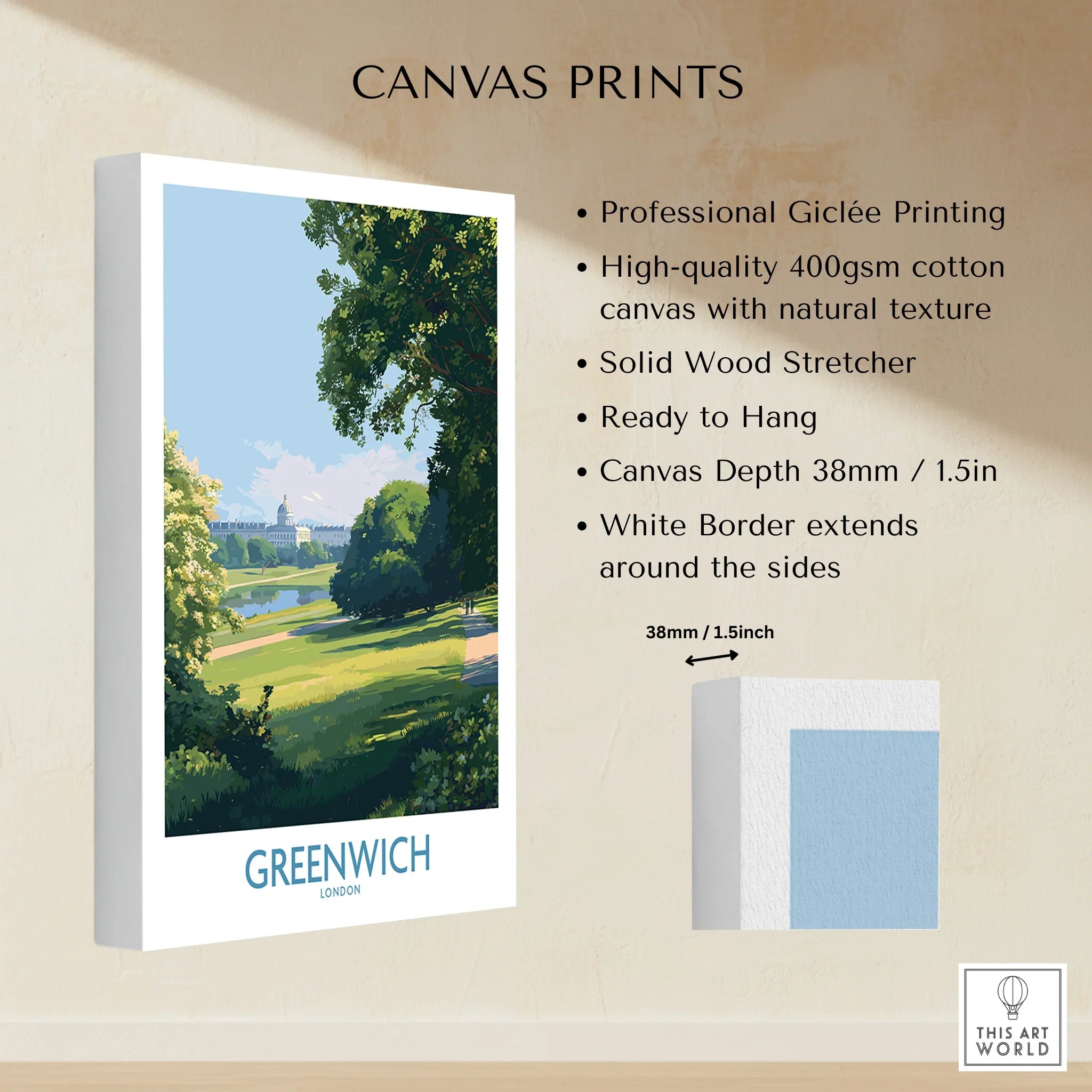 Greenwich London canvas print featuring park landscape with blue sky, white border, wall art details.