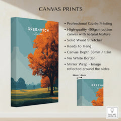 Greenwich London canvas print featuring autumn trees, blue sky, and product specs on wall.