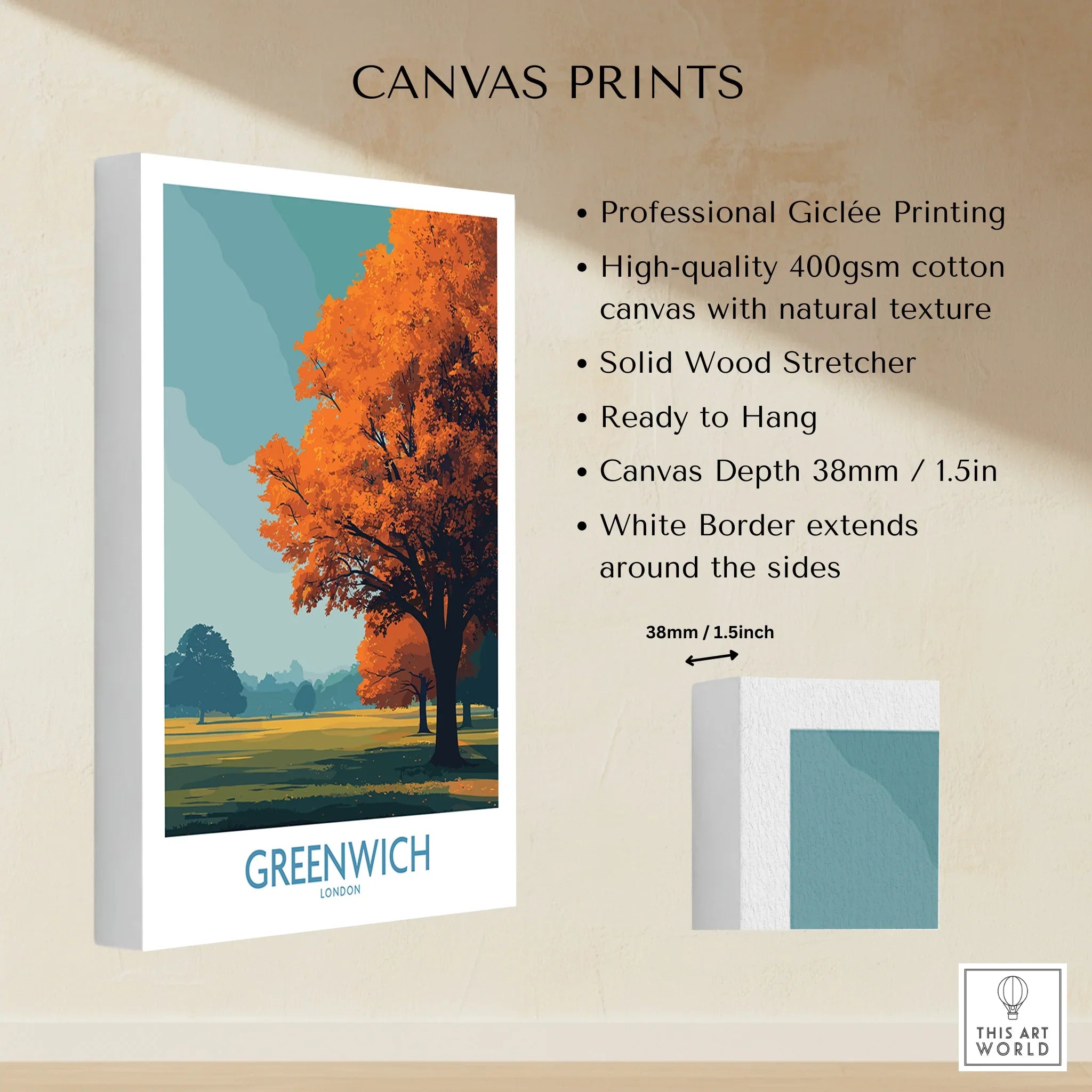 Greenwich London canvas print with autumn tree art, white border, and product details.