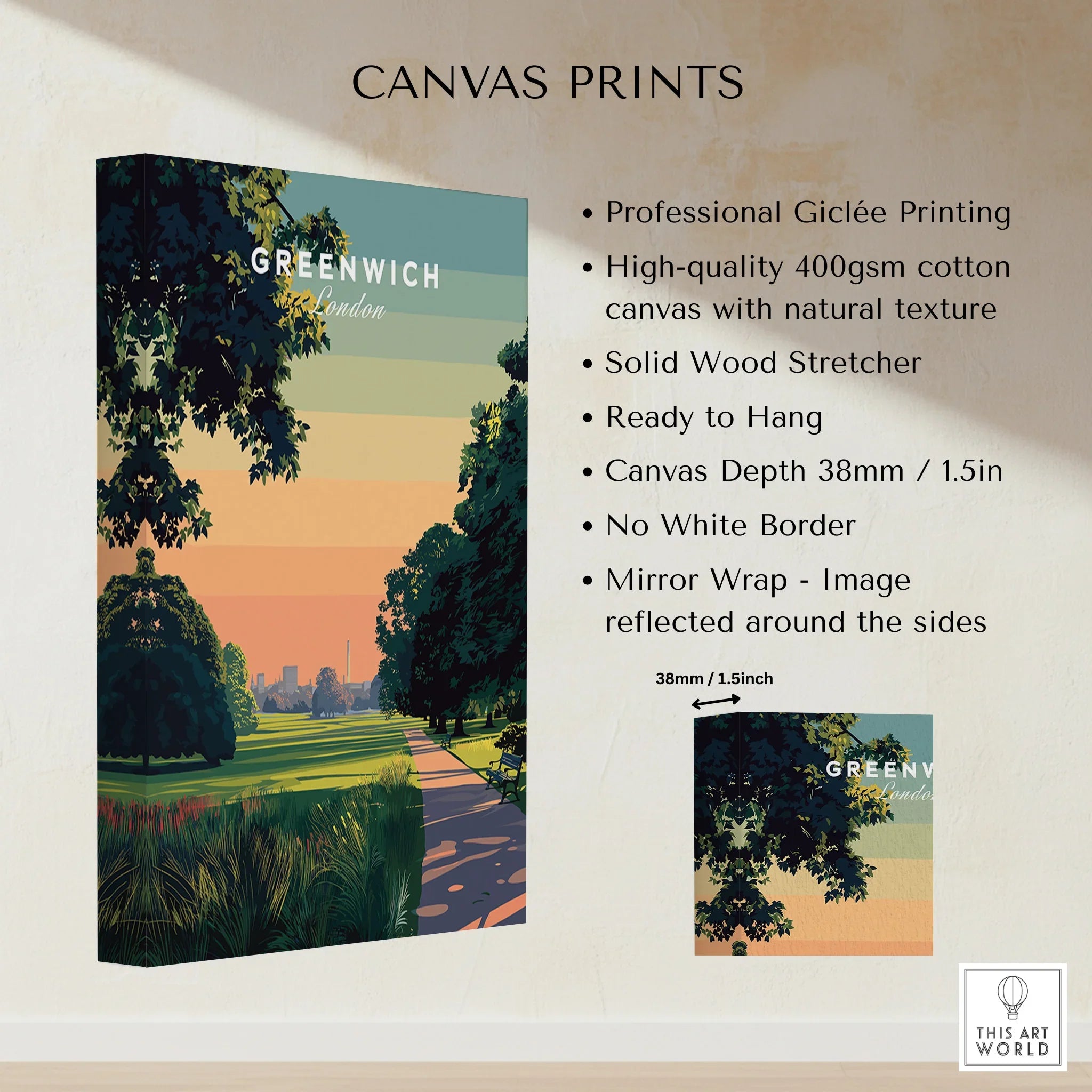 Greenwich London travel canvas print with colorful park landscape and product details