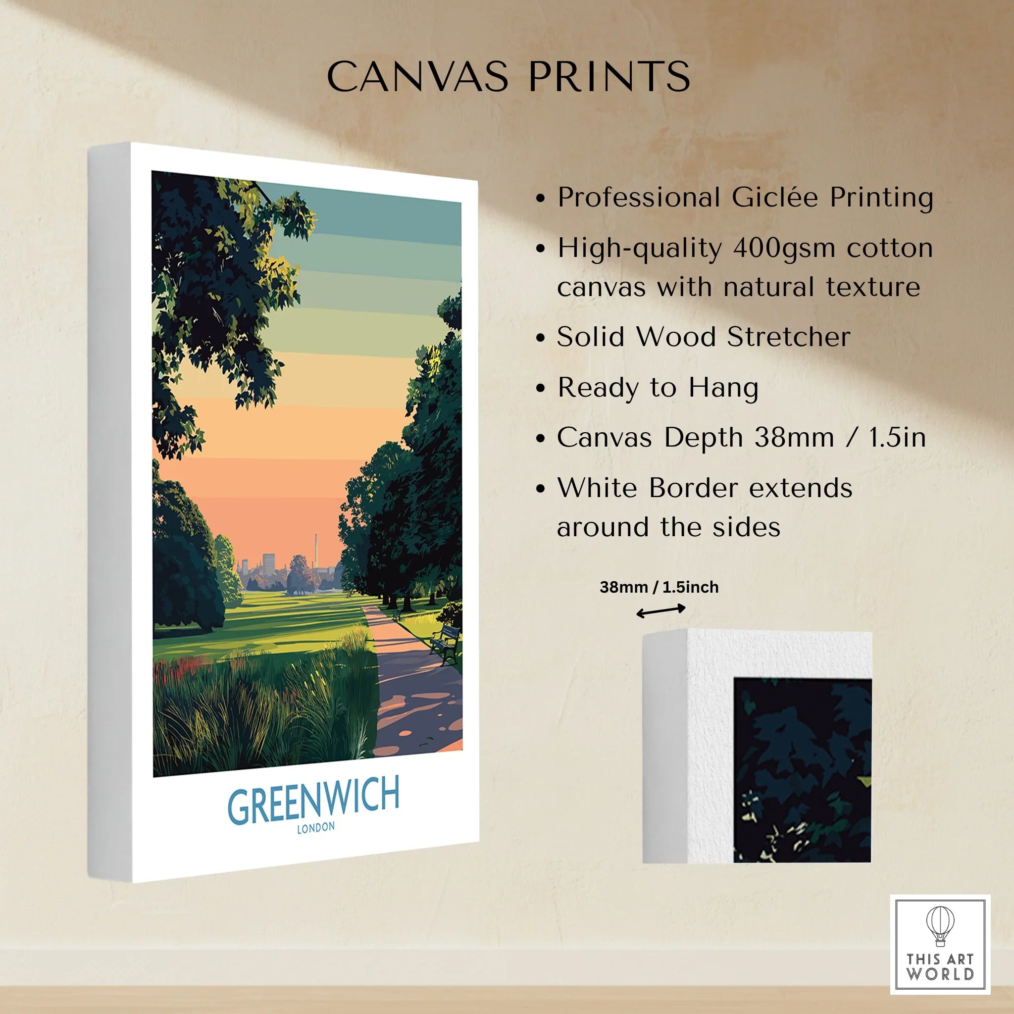 Greenwich London wall art canvas print with colorful landscape, 1.5 inch white border, ready to hang.