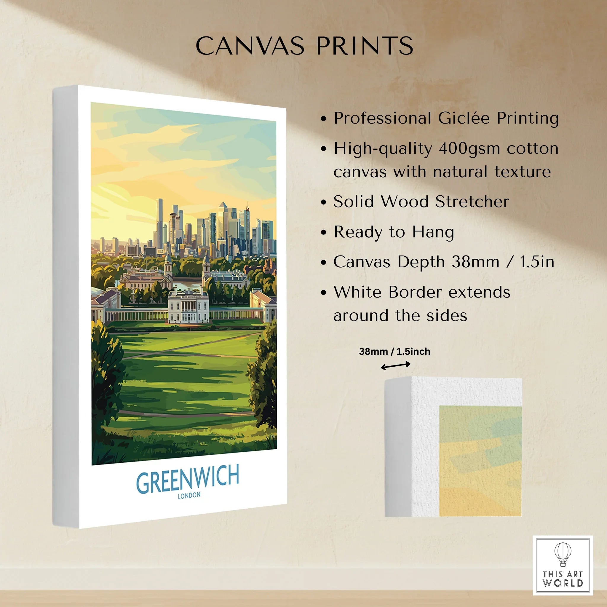 Greenwich London skyline canvas print, stretched cotton canvas with white border and wood stretcher.