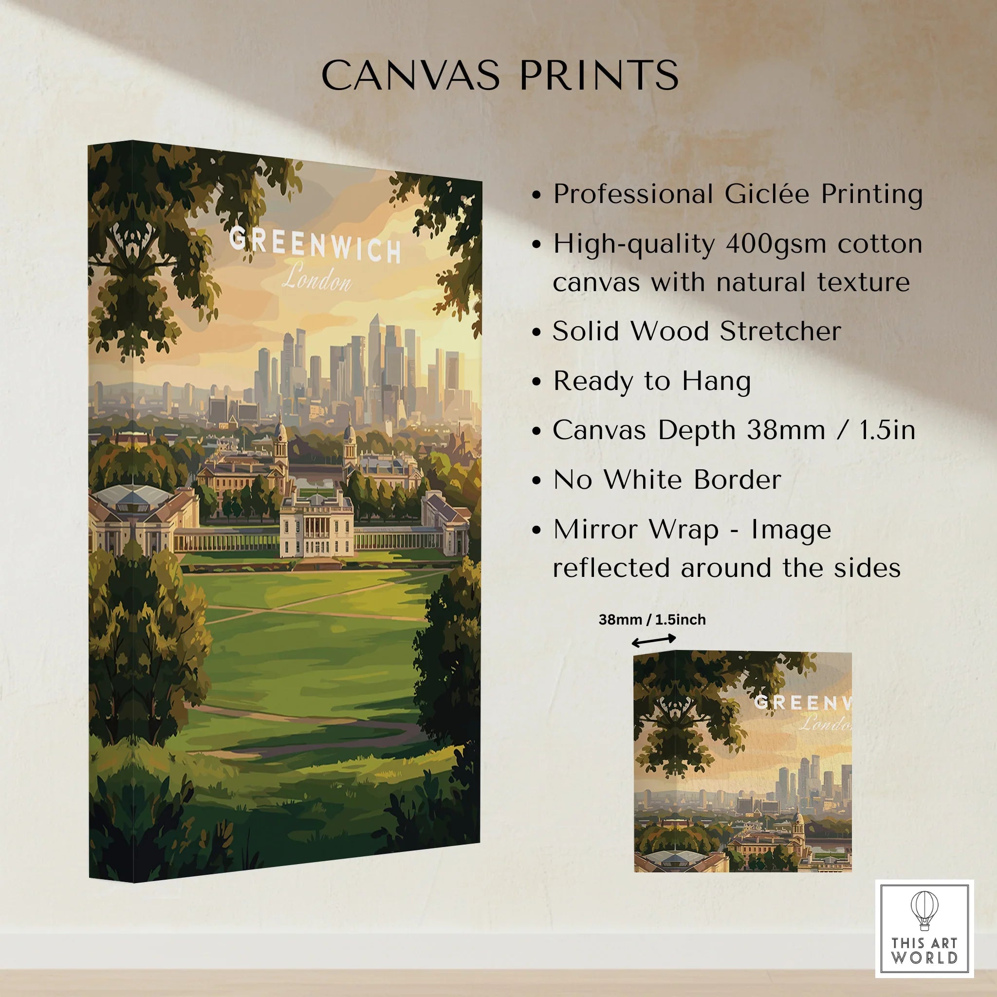 Greenwich London canvas print wall art with city skyline, trees, and green park details