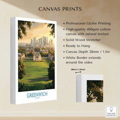 Greenwich London skyline landscape wall art on stretched cotton canvas print, ready to hang