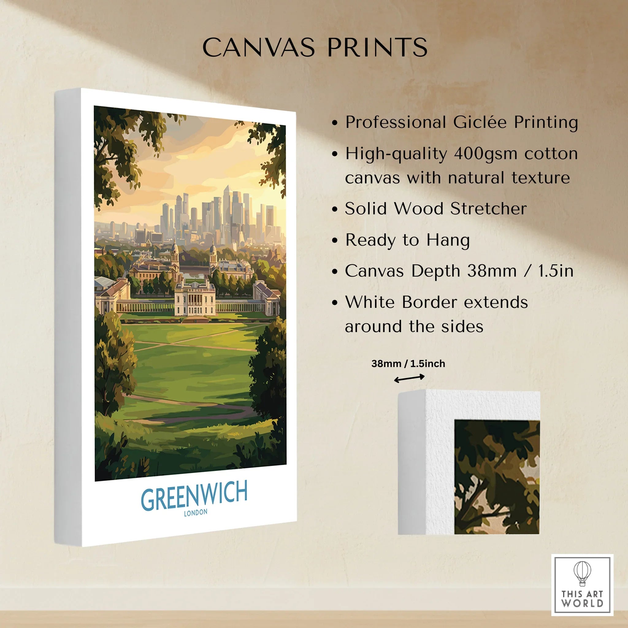 Greenwich London skyline landscape wall art on stretched cotton canvas print, ready to hang