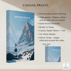 Grindelwald Switzerland Wall Art Print | Alpine Cable Car Travel Posters, featuring a stunning canvas print of alpine scenery.