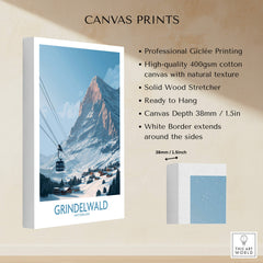 Grindelwald Switzerland Poster | Snowy Alps Mountain Scene Canvas Print showcasing professional Giclée printing and solid wood stretcher.