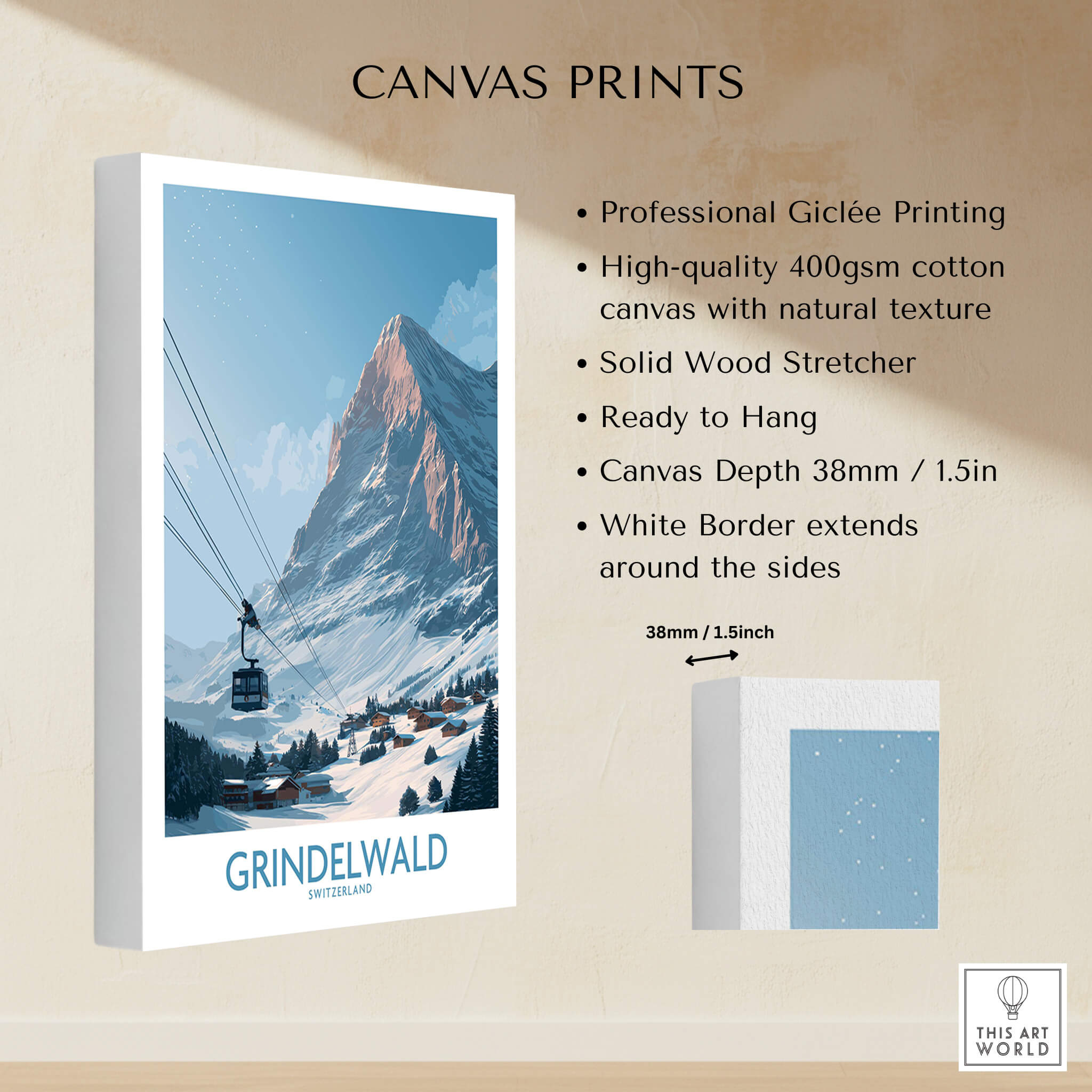 Grindelwald Switzerland Poster | Snowy Alps Mountain Scene Canvas Print showcasing professional Giclée printing and solid wood stretcher.