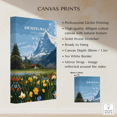 Grindelwald Switzerland Travel Poster | Alpine Wildflower Meadow Wall Art Print displayed on high-quality giclée printing canvas.