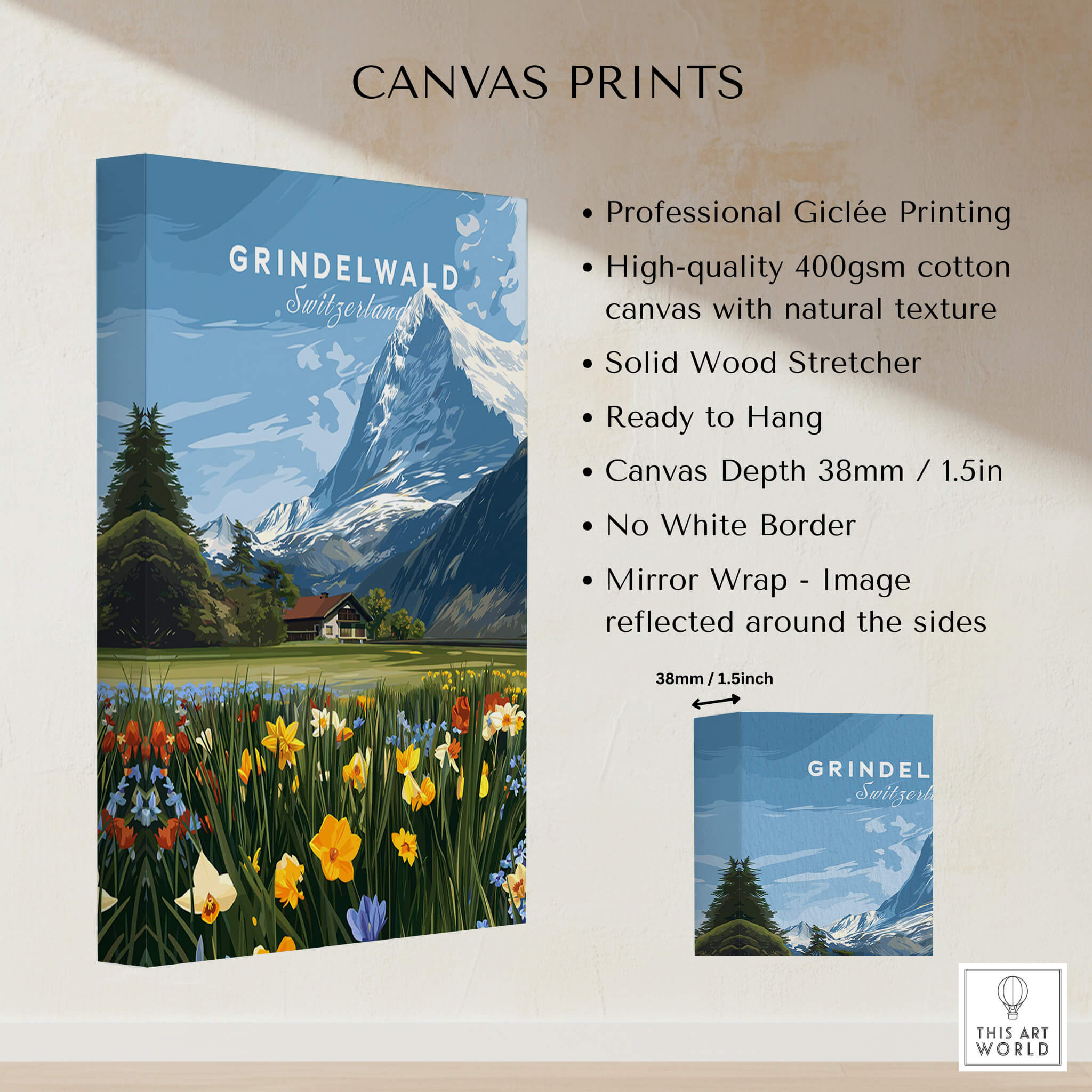 Grindelwald Switzerland Travel Poster | Alpine Wildflower Meadow Wall Art Print displayed on high-quality giclée printing canvas.