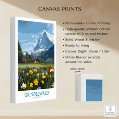Grindelwald Switzerland Canvas Print | Scenic Swiss Village Landscape Poster with detailed product information and features.