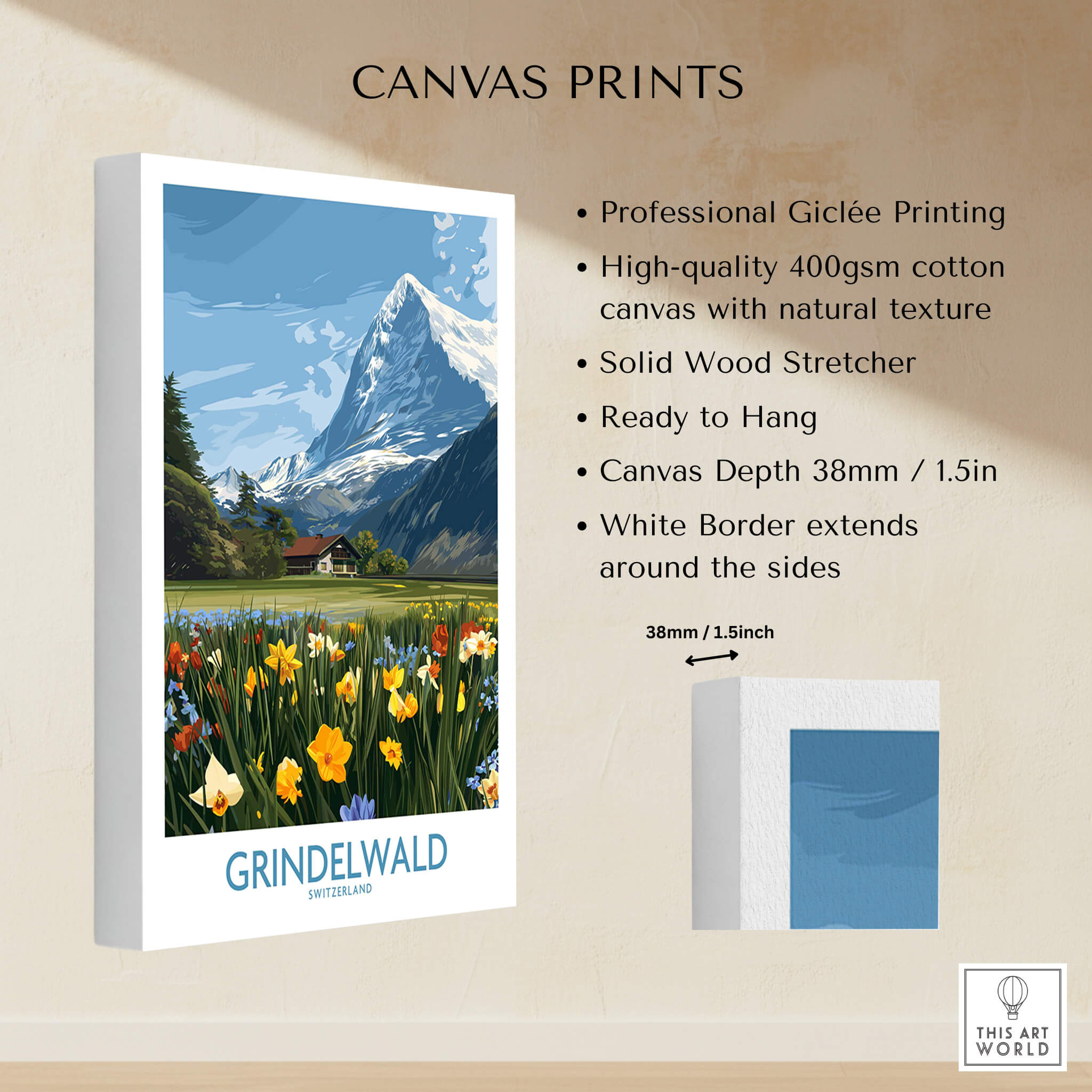 Grindelwald Switzerland Canvas Print | Scenic Swiss Village Landscape Poster with detailed product information and features.