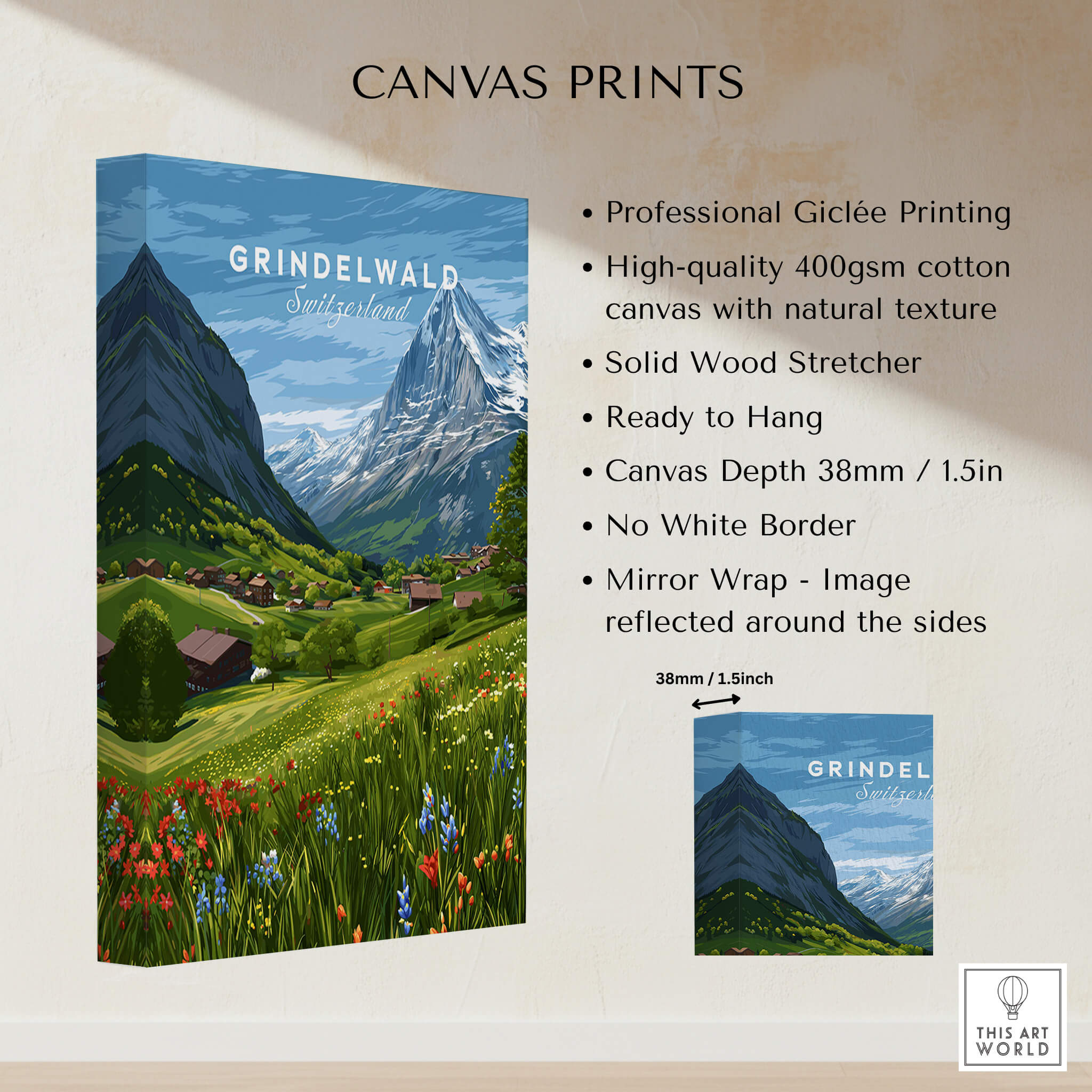 Grindelwald Switzerland Wall Art Print | Summer Alps Nature Travel Posters showcasing vibrant mountains and meadows.