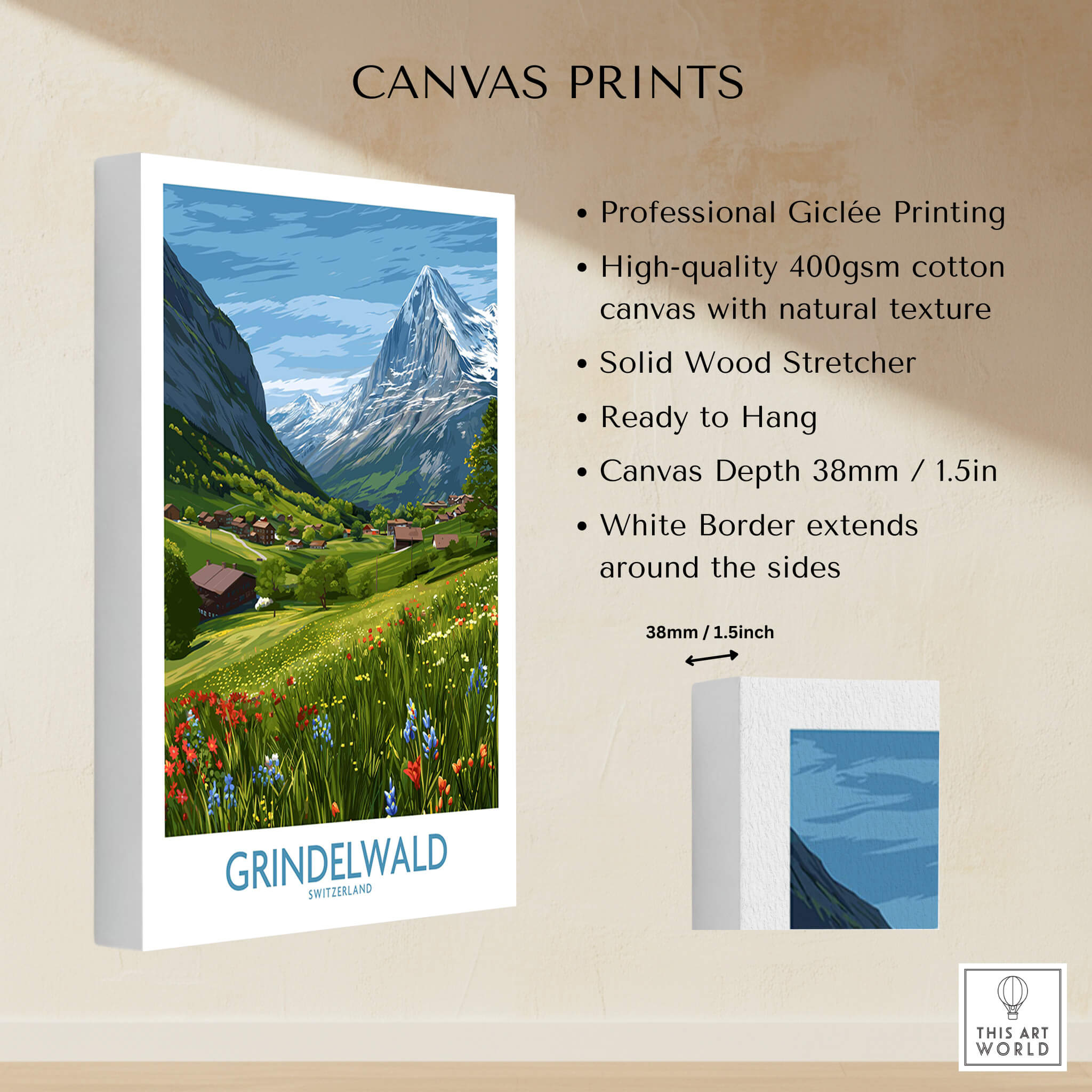 Grindelwald Switzerland Posters | Lush Green Mountain Valley Canvas Print showcasing professional Giclée printing and natural canvas texture.