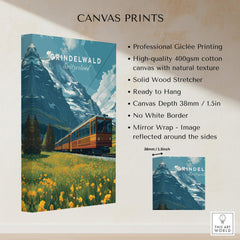 Grindelwald Switzerland Travel Poster | Iconic Mountain Railway Wall Art Print on high-quality canvas with natural texture.