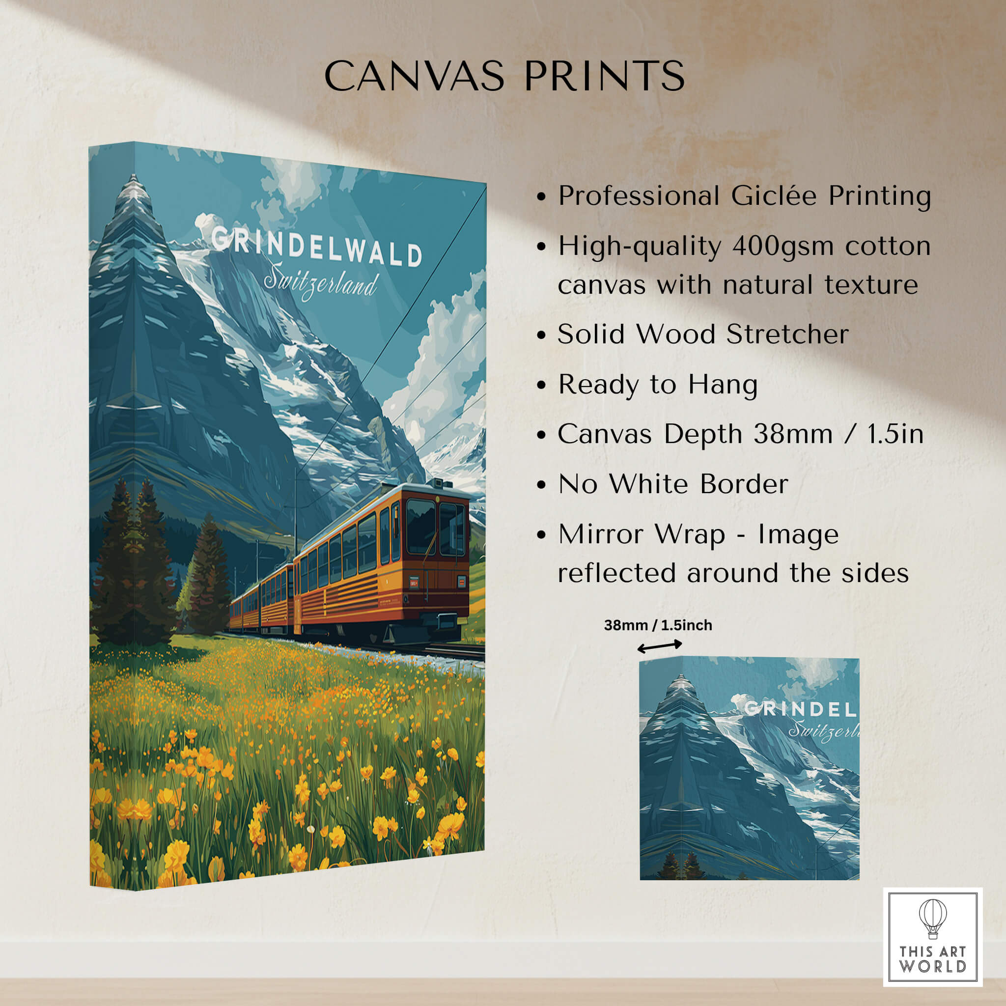 Grindelwald Switzerland Travel Poster | Iconic Mountain Railway Wall Art Print on high-quality canvas with natural texture.