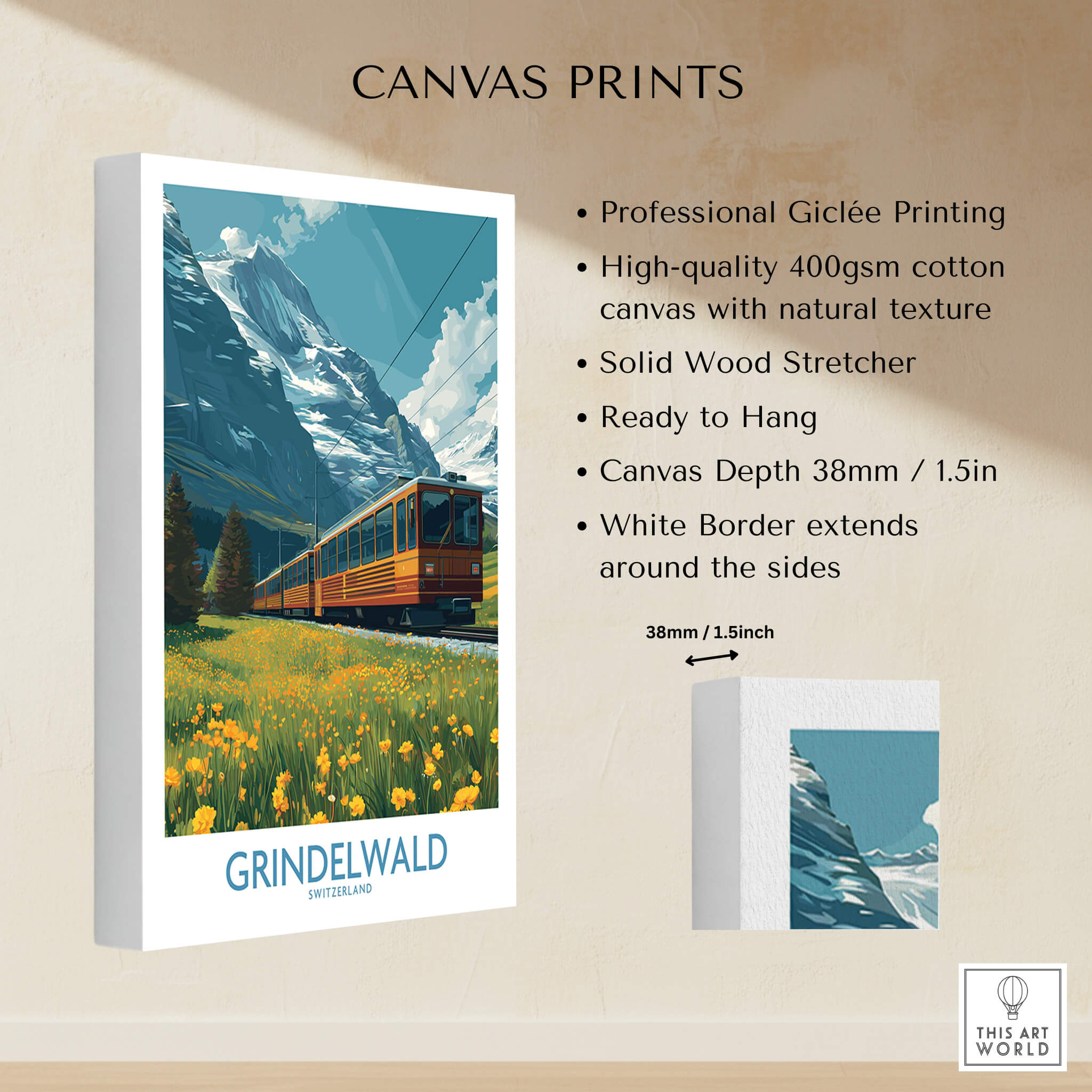 Grindelwald Switzerland Canvas Print | Swiss Alps Train Railway Scene Poster showcasing Giclée printed artwork.