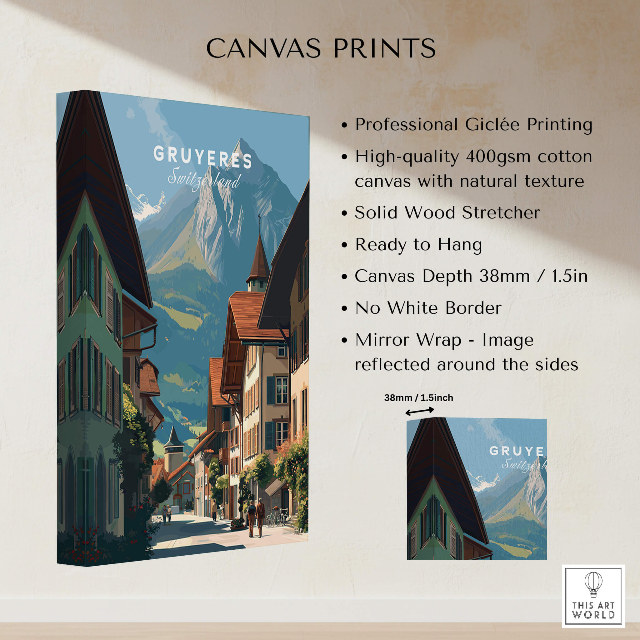 Gruyères Switzerland Wall Art Print | Medieval Village Street Travel Poster on high-quality canvas with a picturesque design.