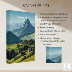 Gruyères Switzerland Travel Poster | Mountain Landscape Wall Art Print showcasing Giclée printed canvas details.