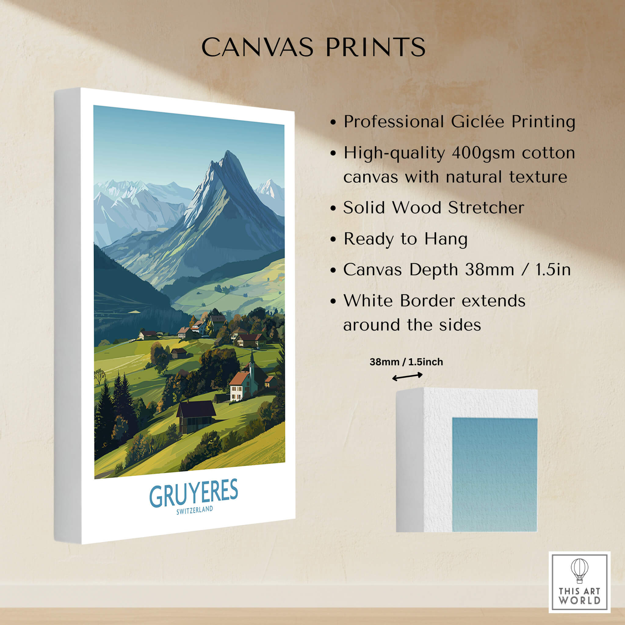 Gruyères Switzerland Canvas Print | Charming Swiss Countryside Scenery Poster featuring professional Giclée printing details.