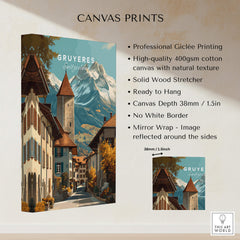 Gruyères Switzerland Wall Art Print | Swiss Travel Poster showcasing a charming Swiss village with alpine mountains.