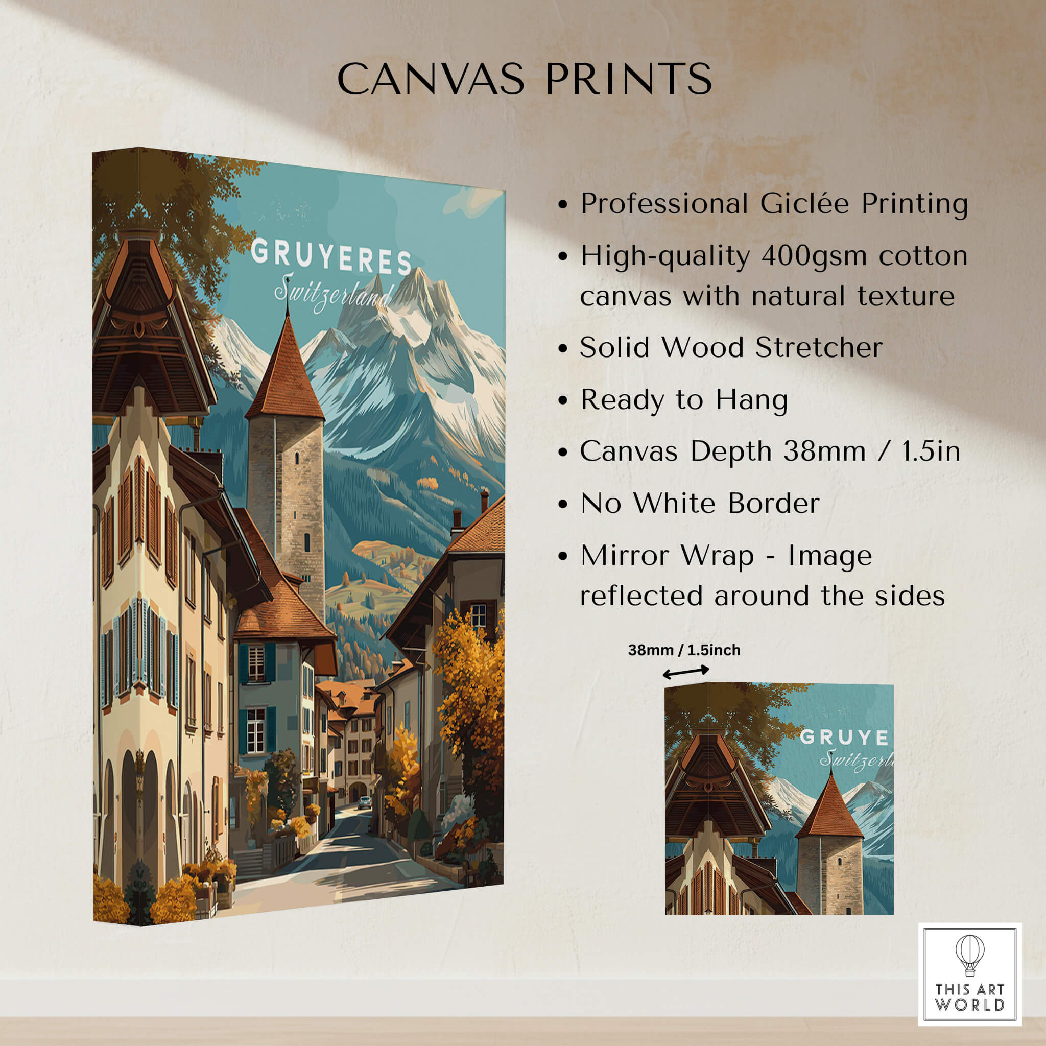 Gruyères Switzerland Wall Art Print | Swiss Travel Poster showcasing a charming Swiss village with alpine mountains.