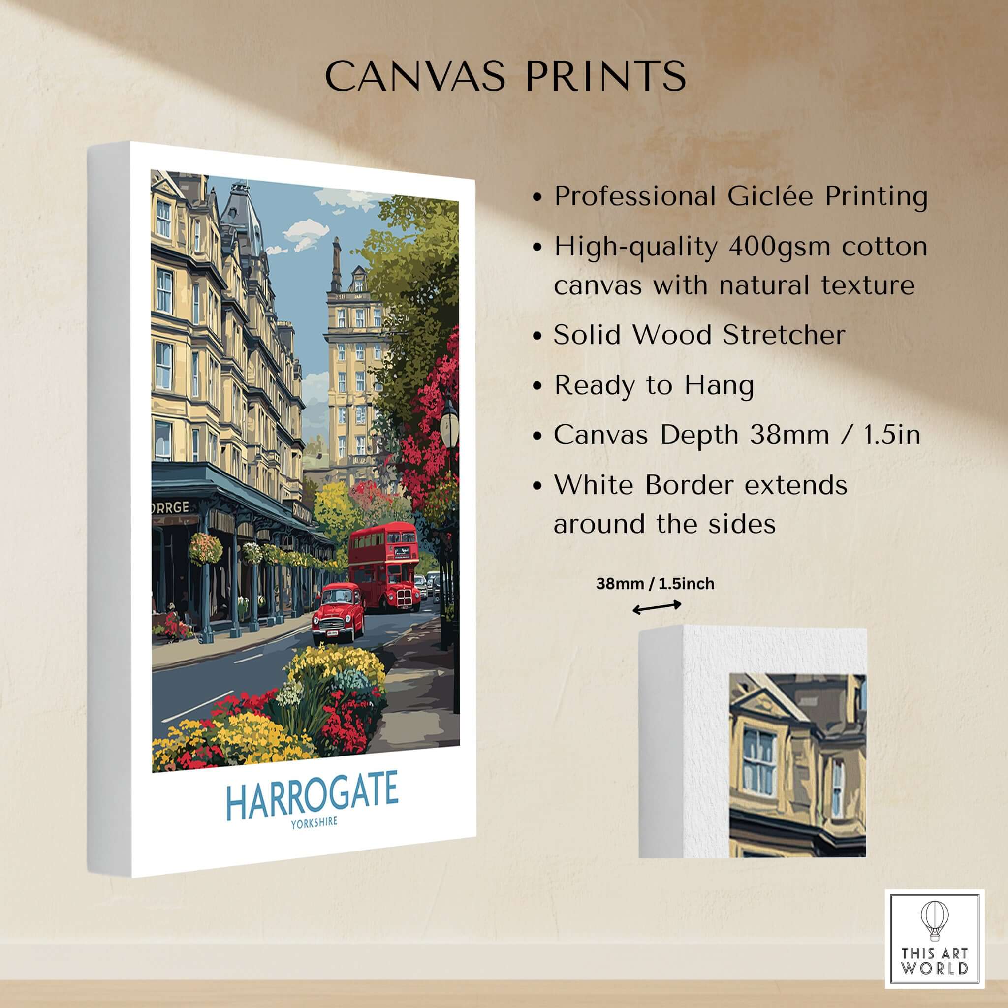 Harrogate Yorkshire Print | Floral Street Scene Poster showcasing vibrant street charm and floral elements.