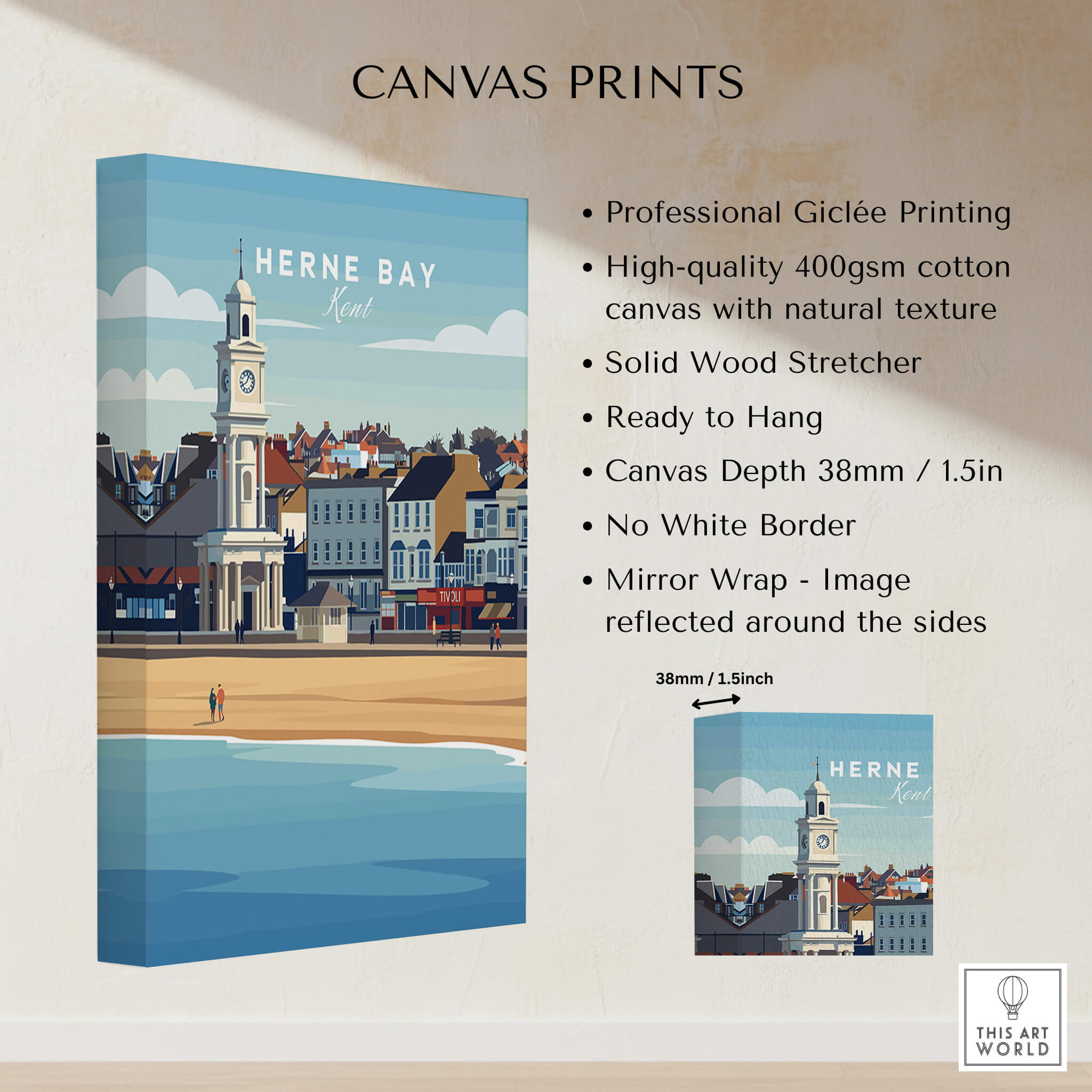 Herne Bay Kent Wall Art Print | British Travel Poster showcasing seaside charm with vibrant colors and classic design.