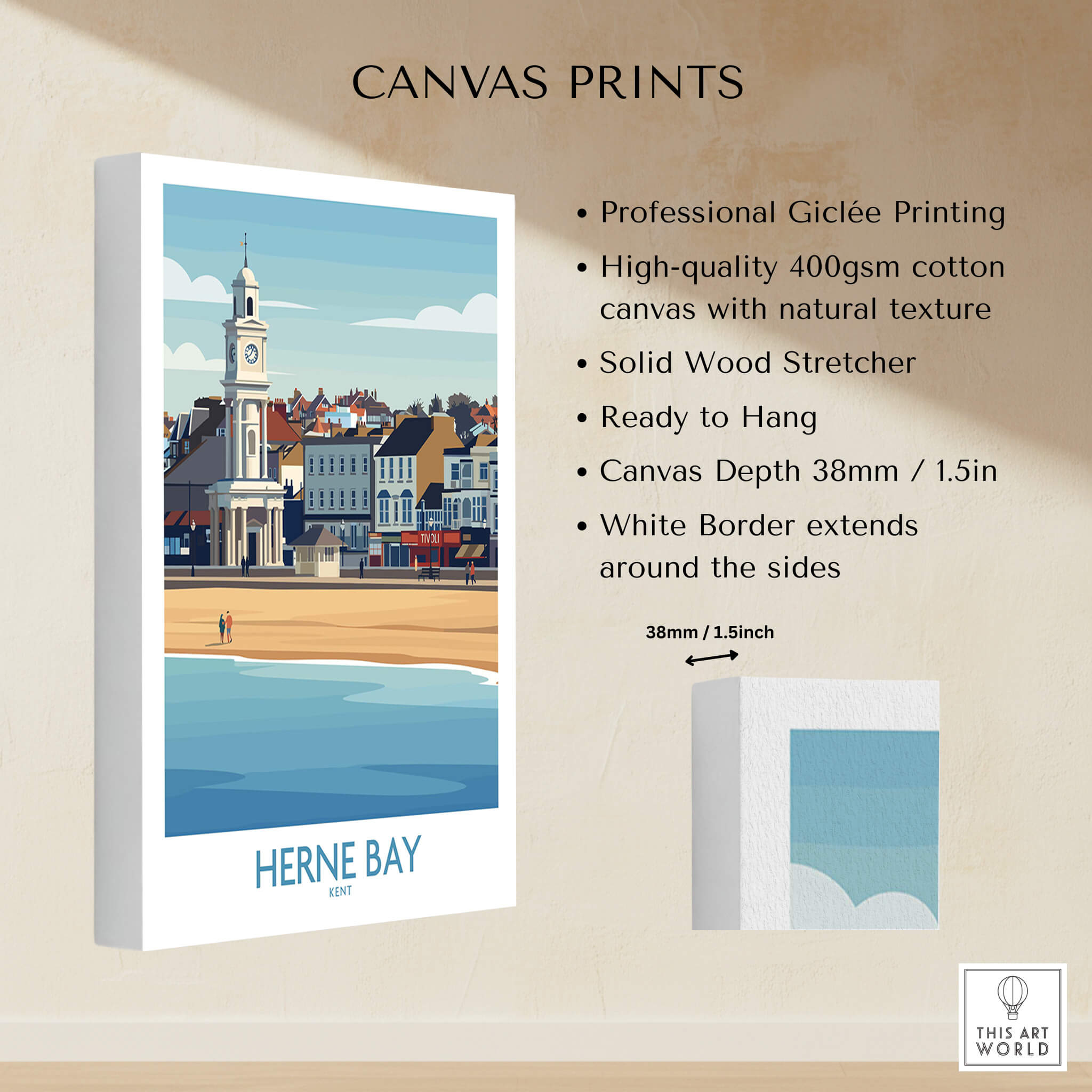 Herne Bay Kent Canvas Print Poster showcasing professional Giclée printing and solid wood stretcher for wall hanging.
