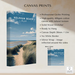 Holkham Beach Norfolk Wall Art Print | Coastal Sand Dunes Travel Poster canvas print with high-quality giclée finish.