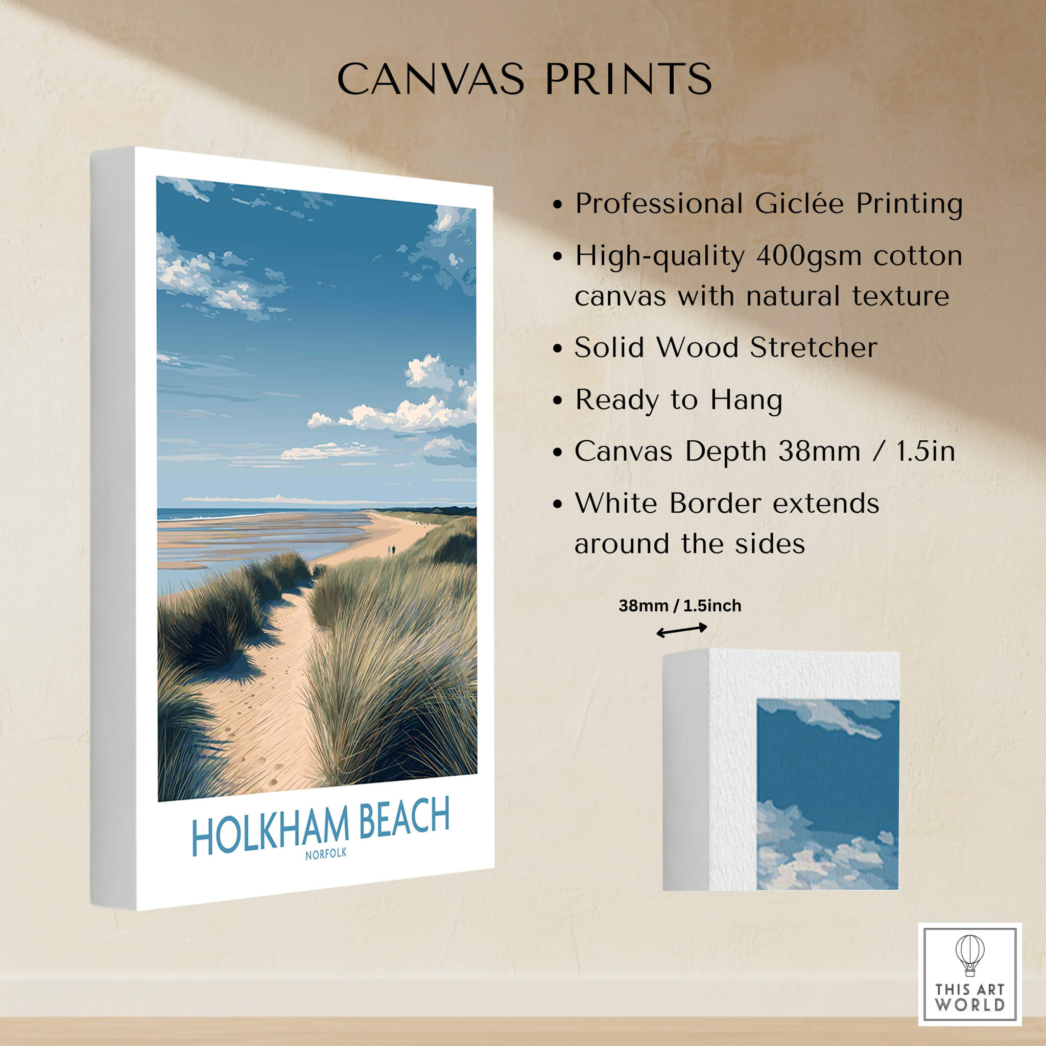 Holkham Beach Norfolk Poster | North Norfolk Shoreline Nature Canvas Print showcasing Giclée printing and beautiful coastal scene.