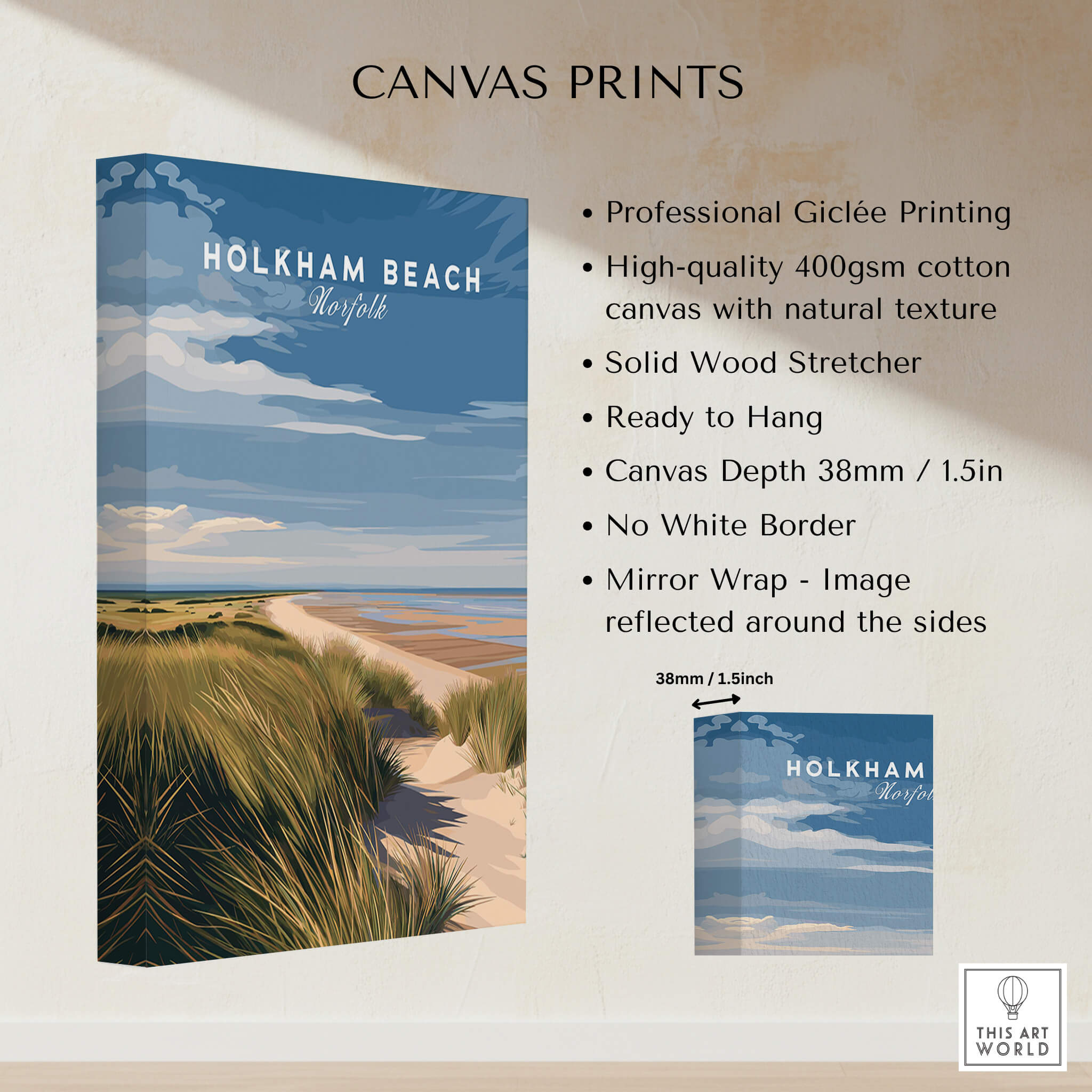 Holkham Beach Norfolk Travel Poster | Serene Beach Pathway Wall Art Print on quality canvas with natural texture.
