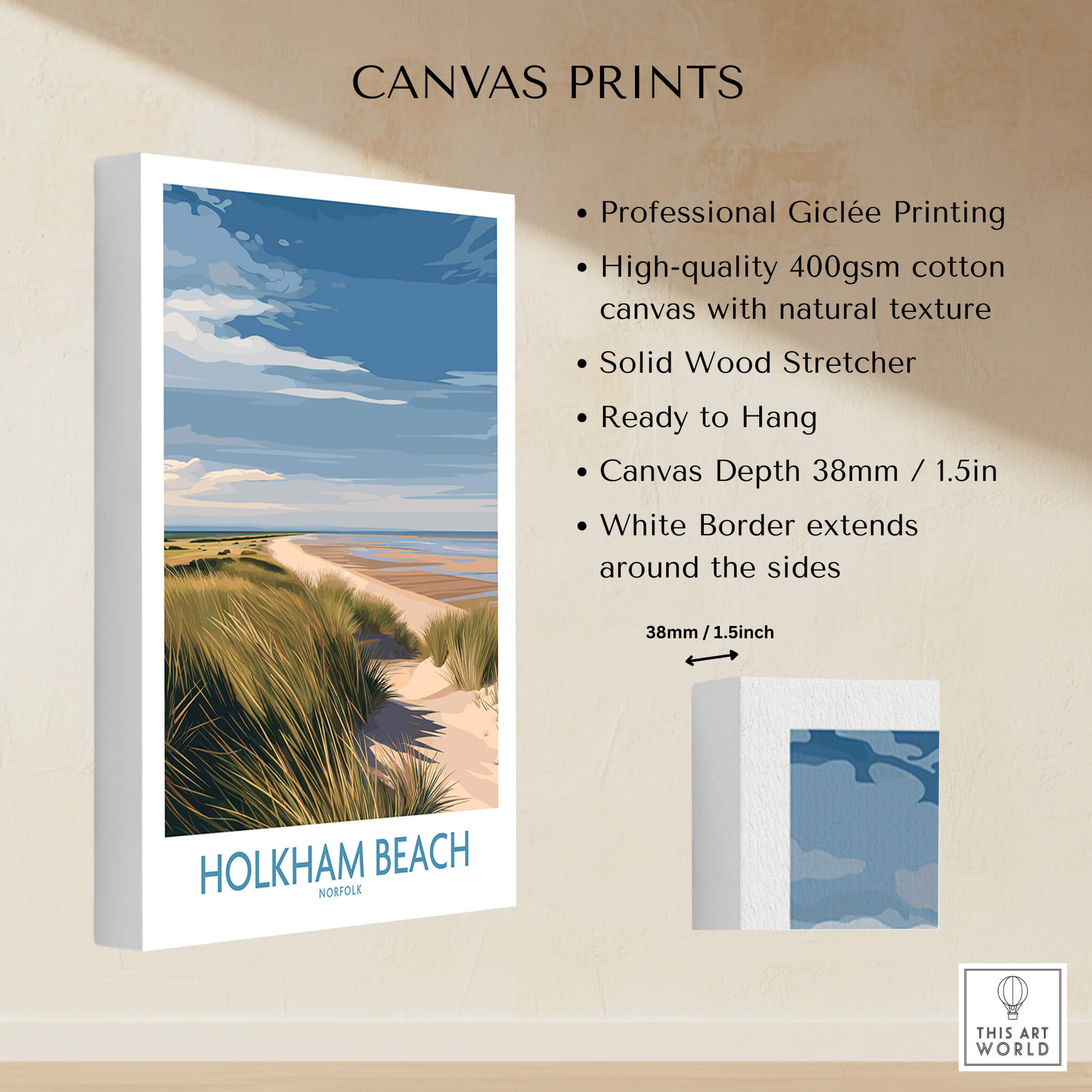 Holkham Beach Norfolk Canvas Print | Minimalist British Seaside Landscape Poster features a Giclée print on quality canvas.