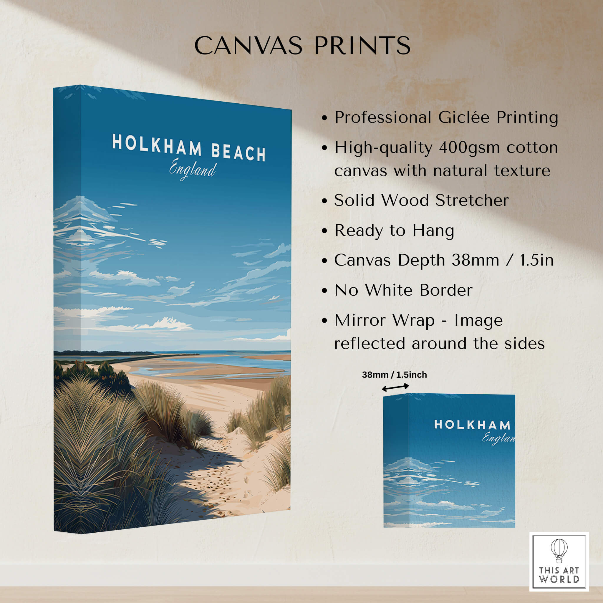 Holkham Beach Norfolk Wall Art Print | British Beach Travel Poster showcasing professional giclée printing and natural texture.
