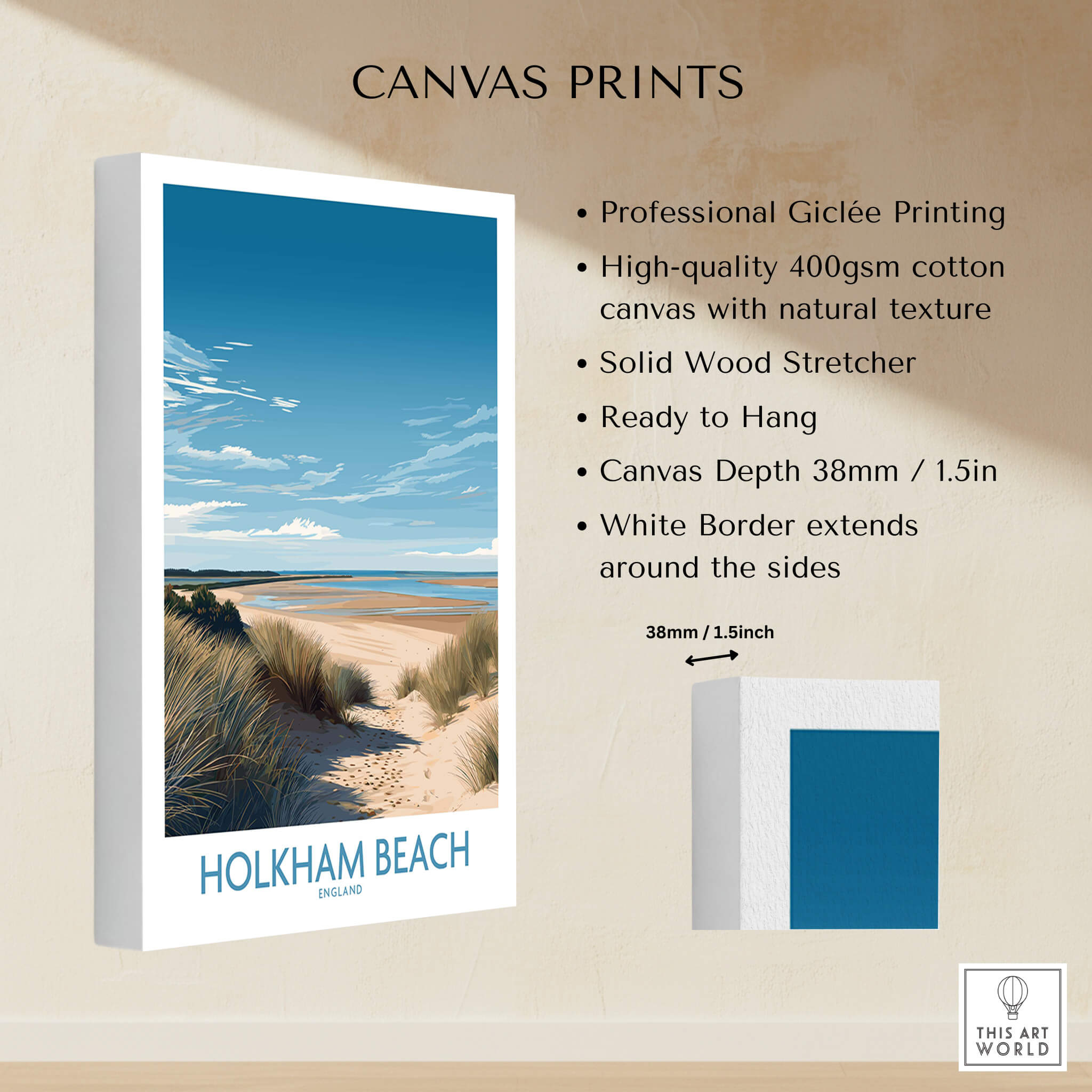 Holkham Beach Norfolk Poster | Serene Coastal Landscape Canvas Print showcasing professional Giclée printing and high-quality canvas.