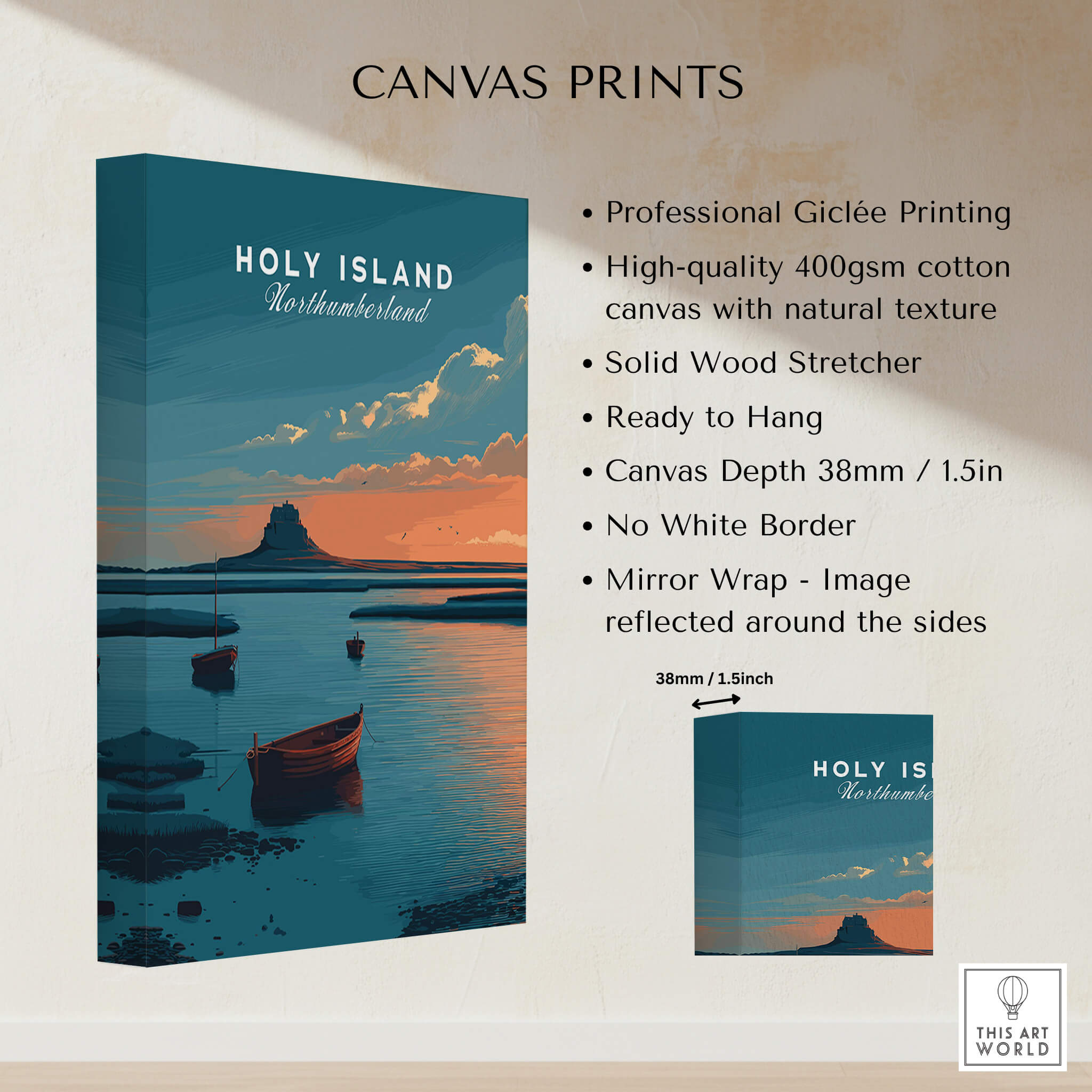 Holy Island Northumberland Wall Art Print | Lindisfarne Sunset Travel Poster canvas print with giclée quality and natural texture.