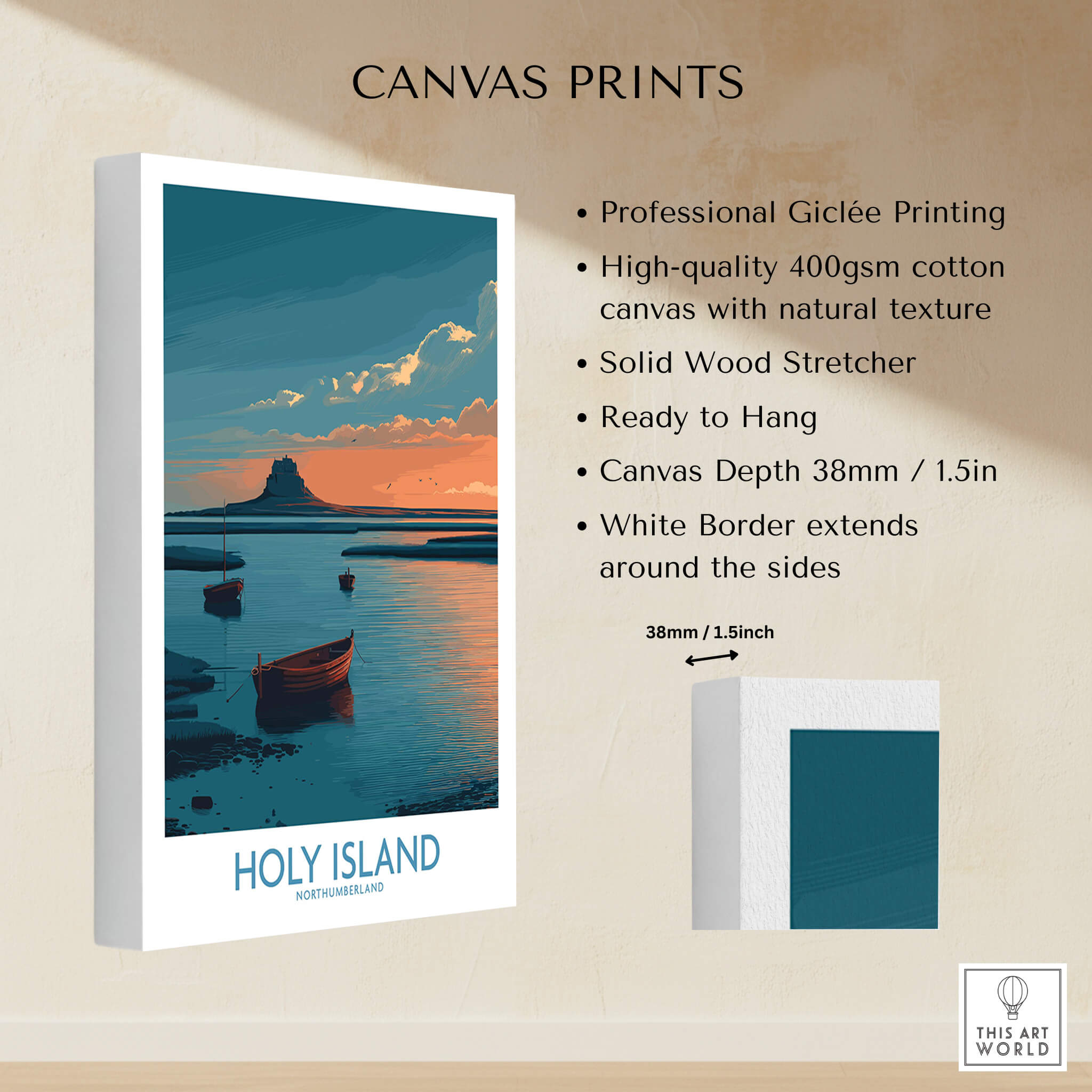 Holy Island Northumberland Poster | Coastal Castle Sunset Canvas Print showcasing high-quality Giclée printing and solid wood stretcher.
