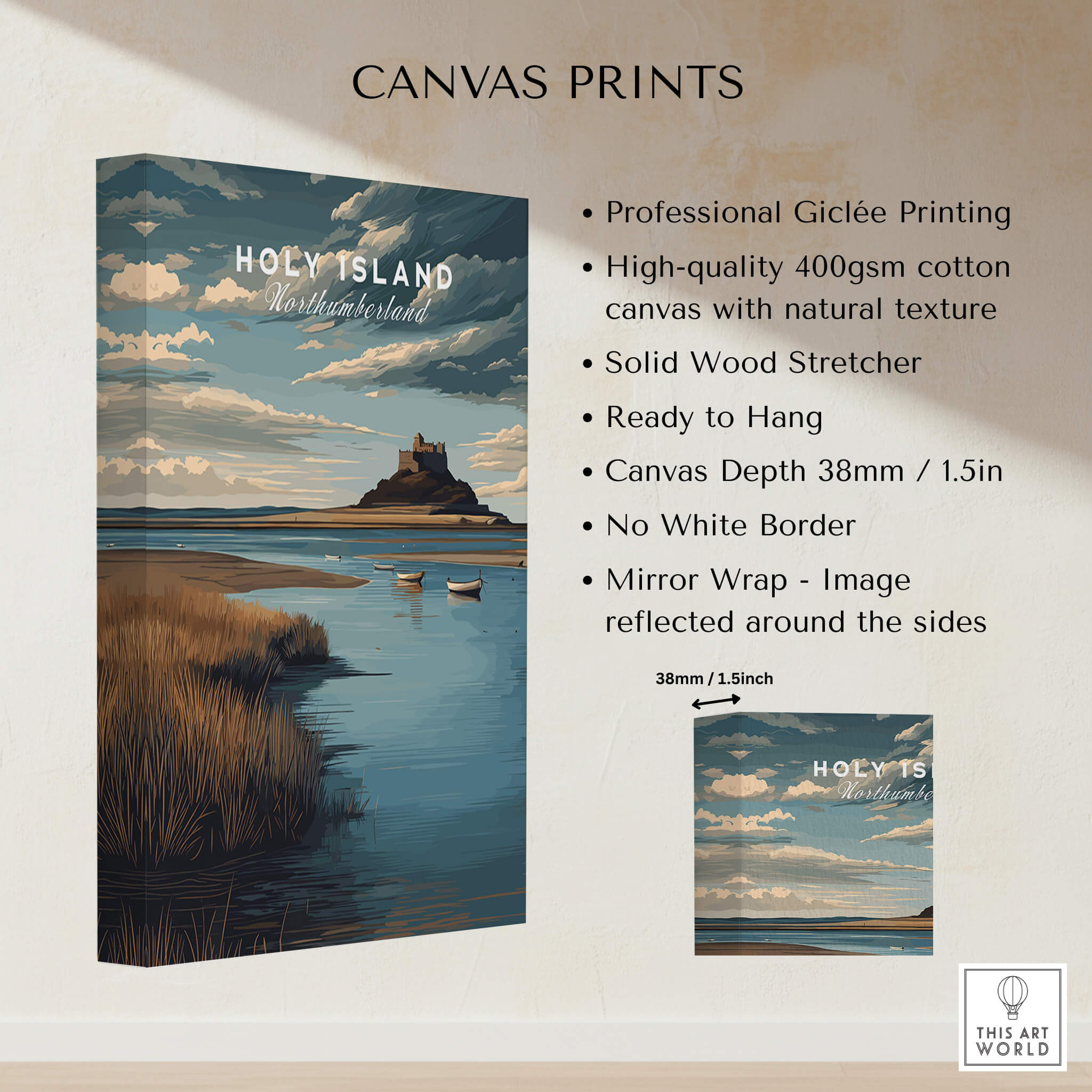 Holy Island Northumberland Travel Poster | Lindisfarne Castle Wall Art Print featuring high-quality giclée printing.