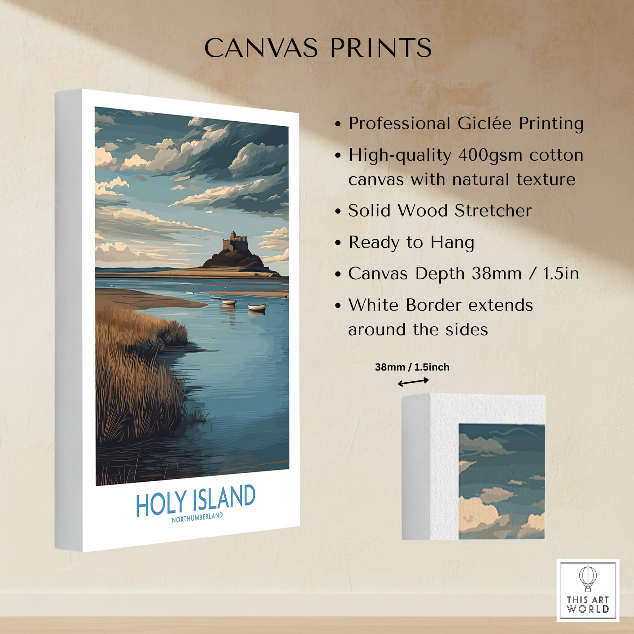 Holy Island Northumberland Poster | Historic England Coast Canvas Print showcasing its scenic beauty and quality features.
