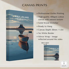 Holy Island Northumberland Wall Art Print | Serene Boat Scene Travel Poster showcasing a tranquil boat scene against a scenic landscape.